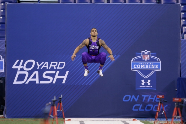 Texas State defensive back Craig Mager runs the 40-yard dash at the NFL football scouting combine in Indianapolis, Monday, Feb. 23, 2015. (AP Photo/Julio Cortez)